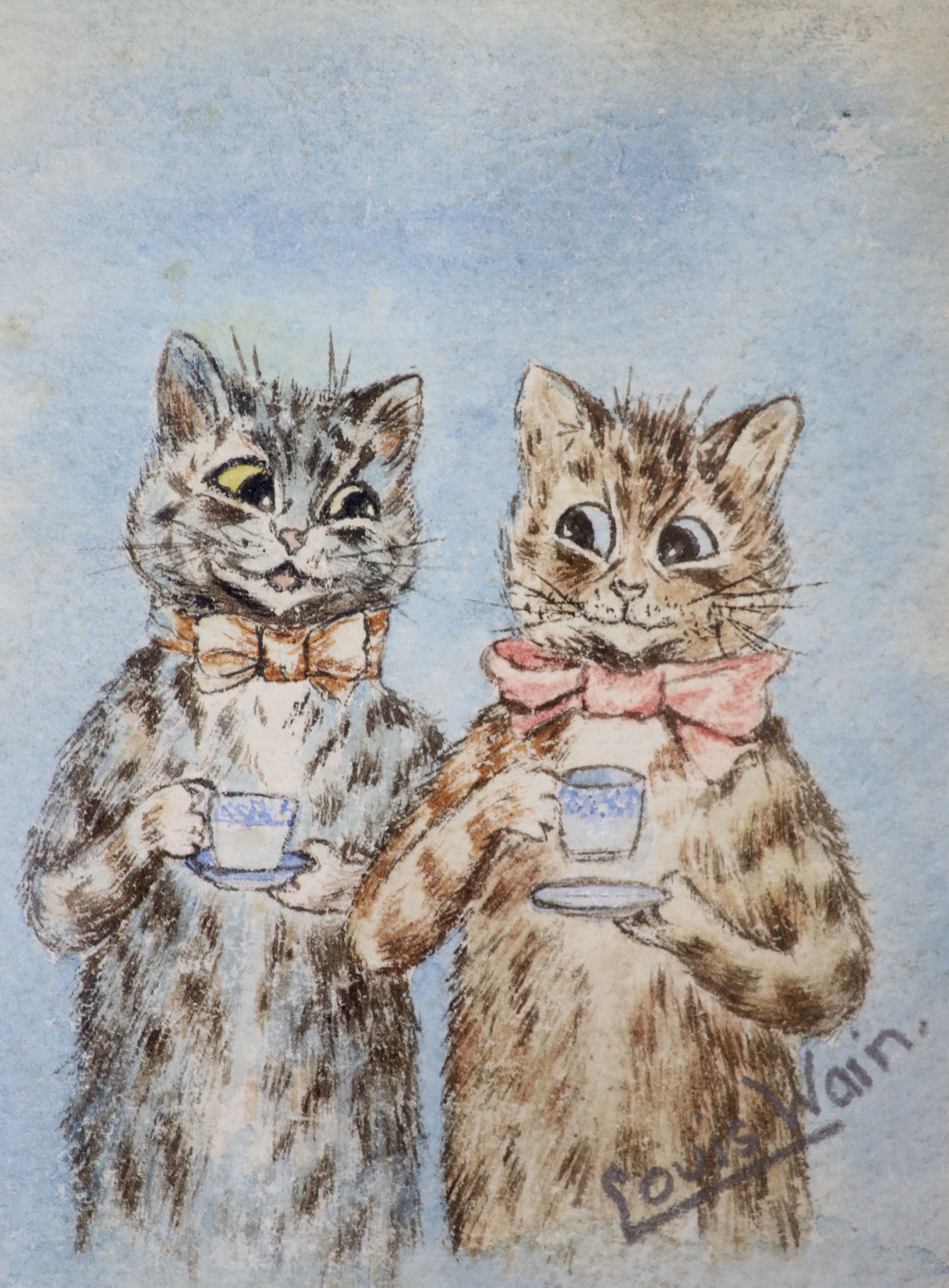 Attributed to Louis Wain (1860-1939), watercolour, Two cats drinking tea, bears signature with label verso including provenance, 11 x 8cm